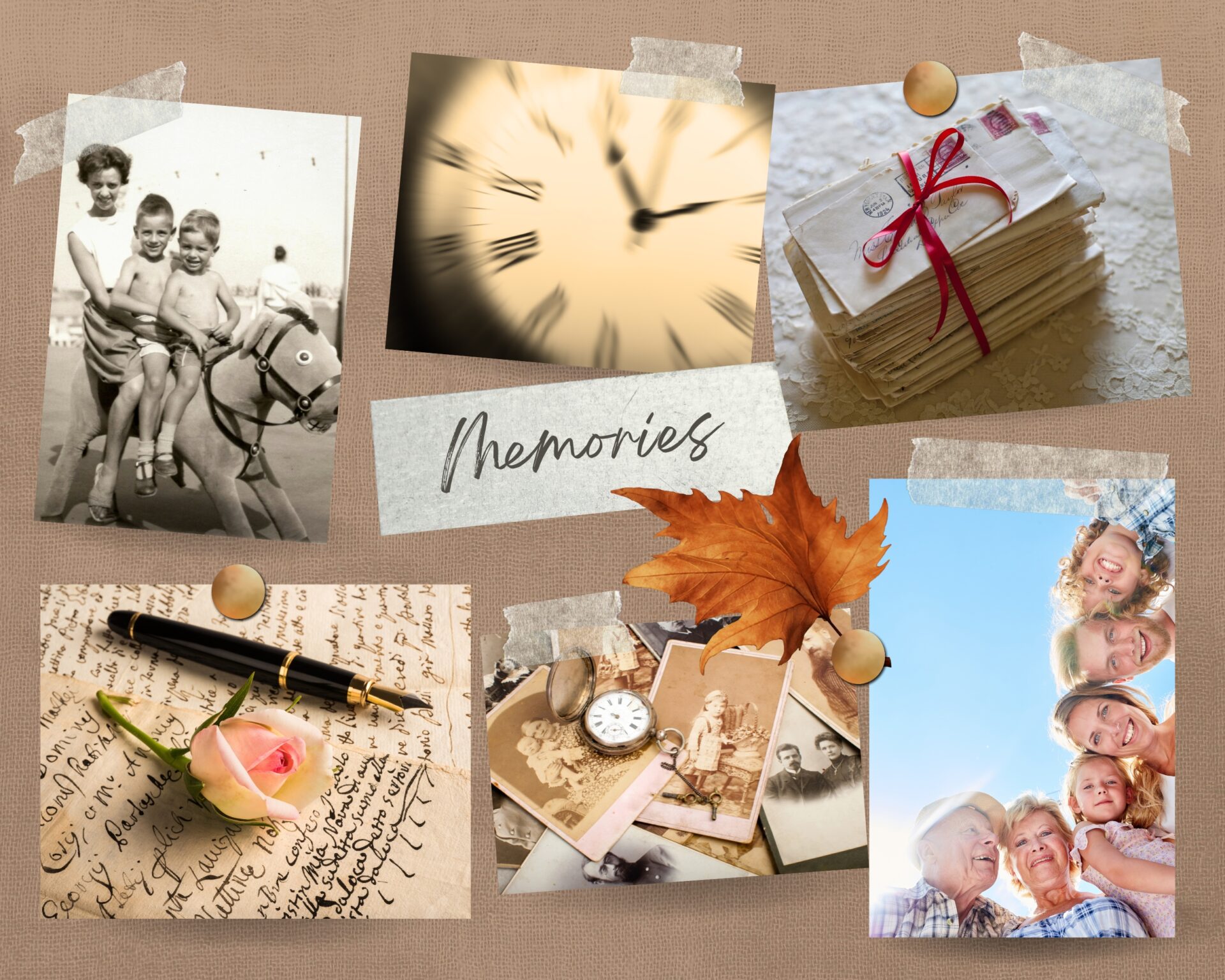 Postcard with family clock, letters, pictures