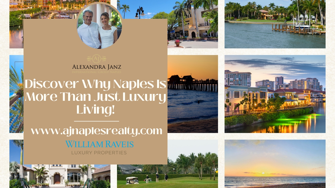 Advertisement with portrait photo and scenic views of Naples, Florida: luxury homes, pier at sunset, golf course, and waterfront living