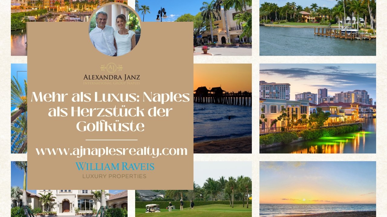 Werbeanzeige mit Porträtfoto und Szenen aus Naples, Florida: Luxusimmobilien, Pier bei Sonnenuntergang, Golfplatz und Wasserlage