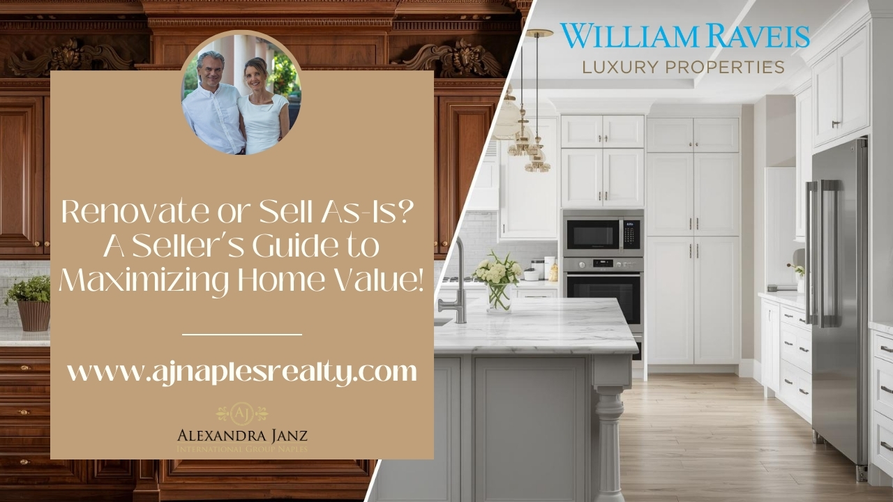 Split-screen image comparing a traditional and modern kitchen, featuring two real estate agents and a guide for home sellers.