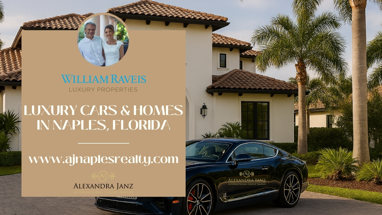 Luxury Mediterranean-style home in Naples, Florida with a navy blue Bentley parked in the driveway, framed by palm trees and elegant architecture.