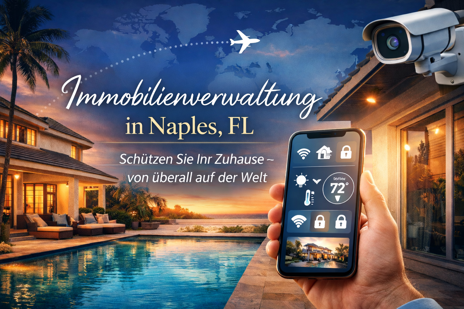 Luxusimmobilie in Naples Florida mit Pool bei Sonnenuntergang und Smartphone zur Steuerung für Immobilienverwaltung aus der Ferne