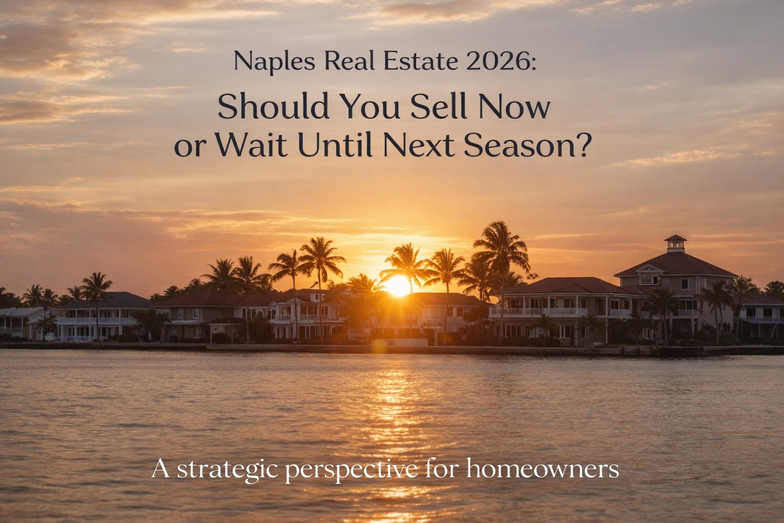 Naples waterfront homes at sunset with headline about selling now or waiting in the 2026 Naples real estate market