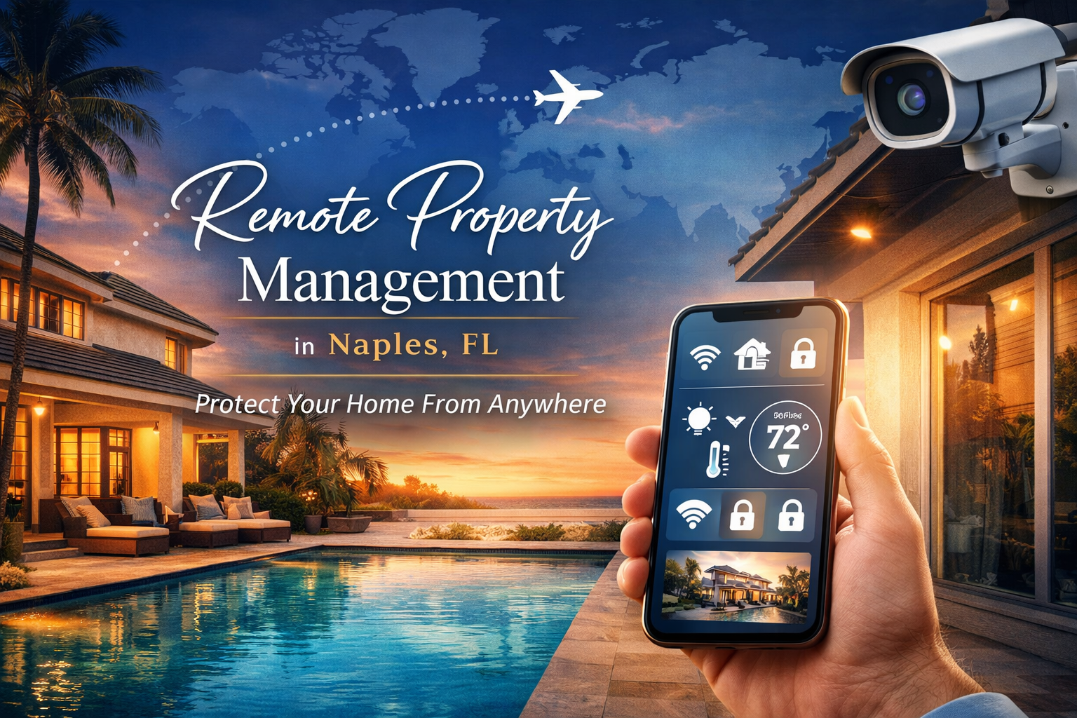 Luxury waterfront home in Naples Florida at sunset with smart home technology control on smartphone for remote property management