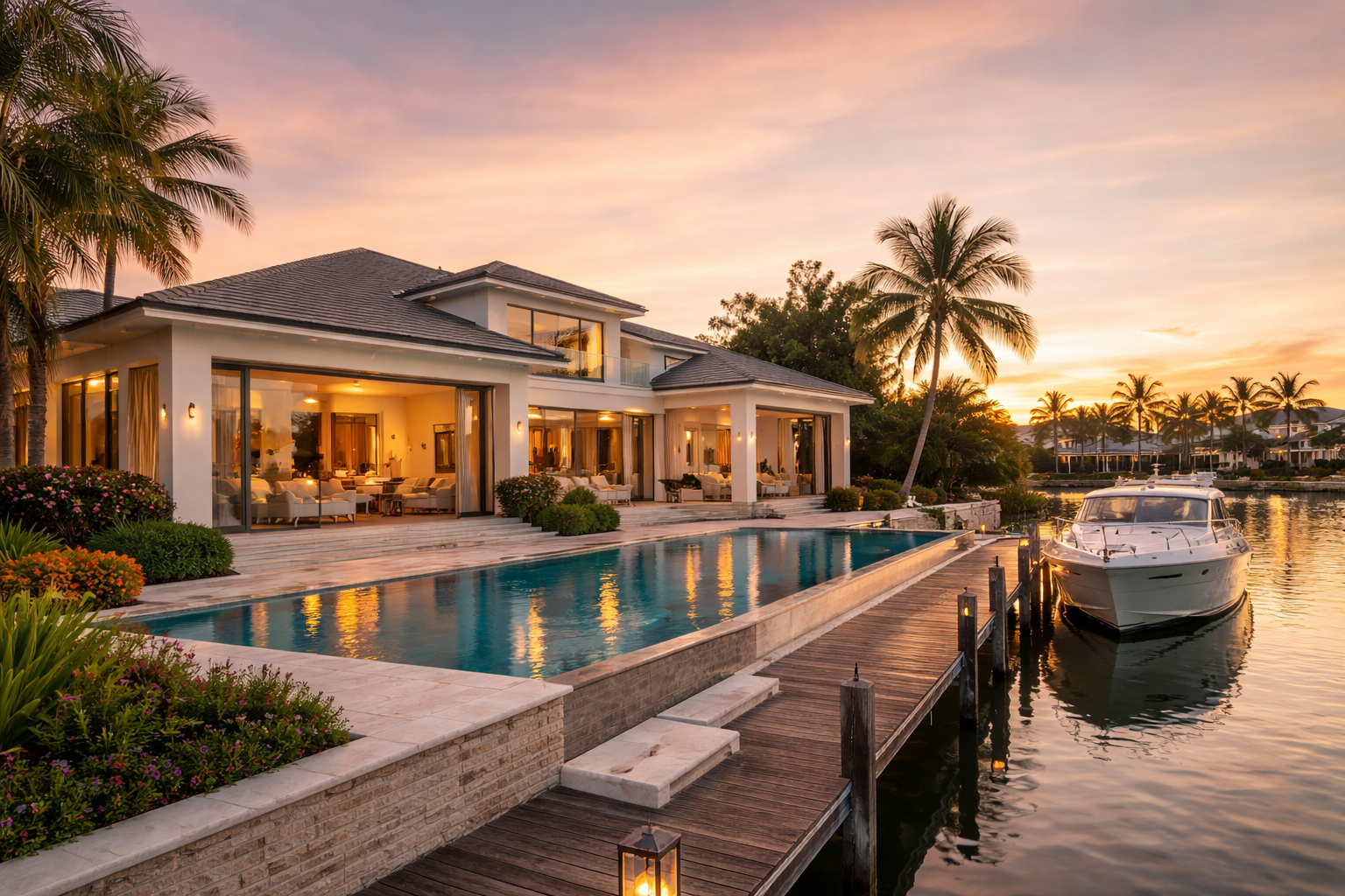 Luxury waterfront home in Naples Florida with pool and private boat dock at sunset
