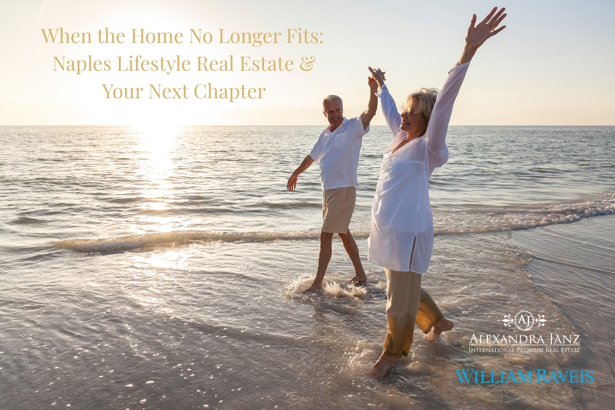 Luxury lifestyle in Naples Florida – senior couple enjoying sunset on the beach, symbolizing a new chapter and right-sizing their home