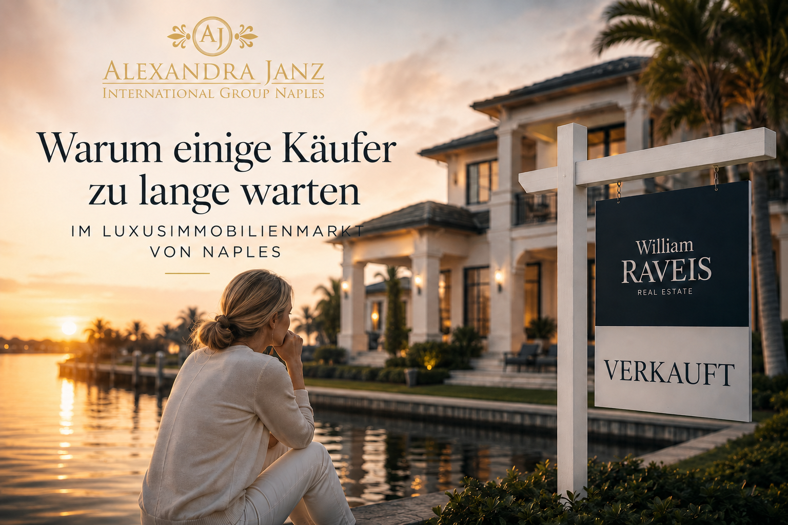 Luxus Waterfront Immobilie in Naples Florida bei Sonnenuntergang mit verkauft Schild als Symbol für Timing im Luxusimmobilienmarkt von Naples