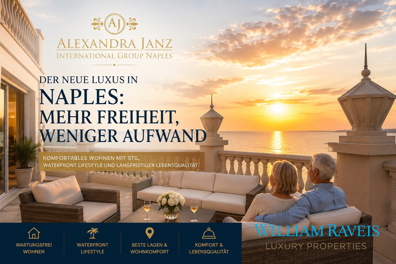 Luxuriöse Penthouse-Terrasse in Naples Florida mit älterem Paar beim Sonnenuntergang am Wasser – Lifestyle-orientiertes Wohnen in Naples Florida