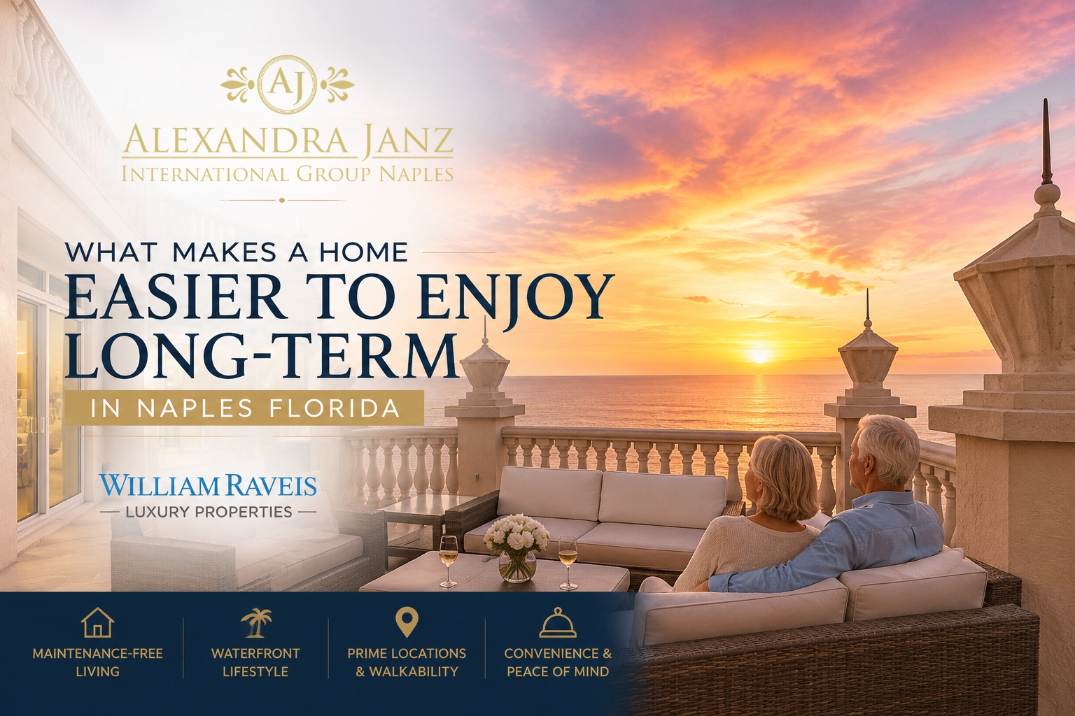 Senior couple enjoying luxury waterfront condo lifestyle in Naples Florida with Gulf views and maintenance-free living