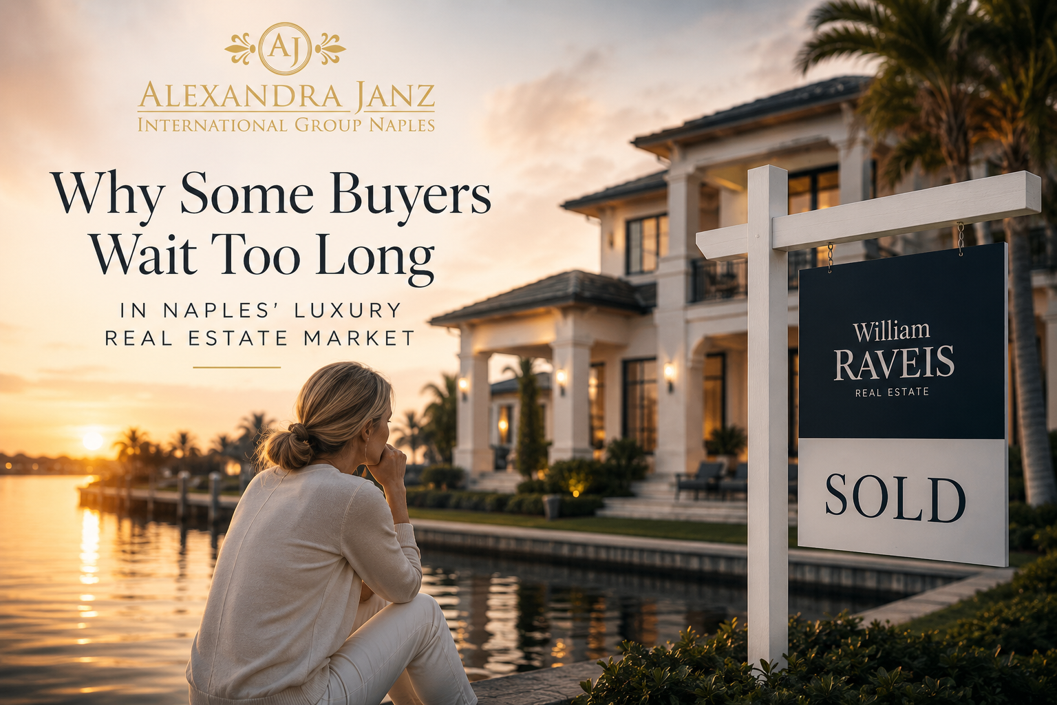 Luxury waterfront home in Naples Florida with sold sign at sunset representing buyer timing and opportunities in Naples luxury real estate