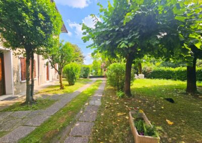 Beautiful garden with mature trees at a renovated Italian village home near Desenzano del Garda and Lake Garda, Italy