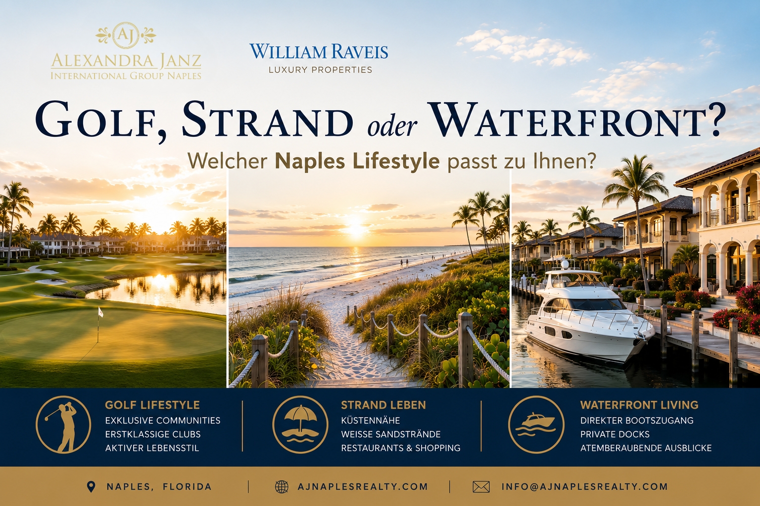 Golfplatz, Strand und Waterfront-Luxusimmobilie in Naples Florida als Symbol für verschiedene Naples Lifestyle Optionen.