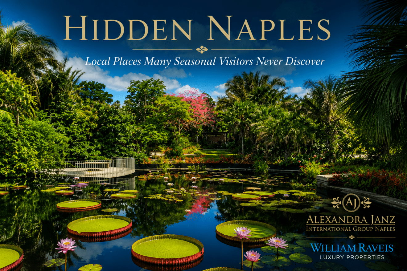 Hidden Naples Florida featuring the tropical water gardens of Naples Botanical Garden with giant water lilies, lush landscaping, and luxury lifestyle branding by AJ International Group Naples and William Raveis Luxury Properties.