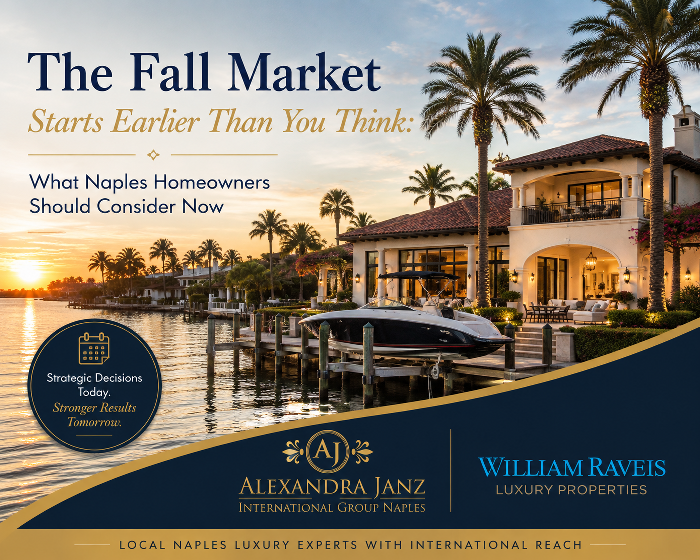 Naples waterfront luxury home at sunset illustrating a strategic approach to preparing for a future home sale in Naples, Florida.