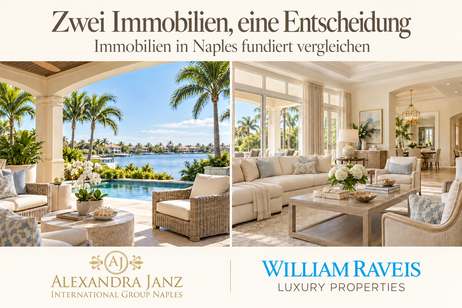 Terrasse mit Wasserblick und heller Wohnbereich als Vergleichsmotive, mit dem Titel „Zwei Immobilien, eine Entscheidung“ und beiden Firmenlogos.