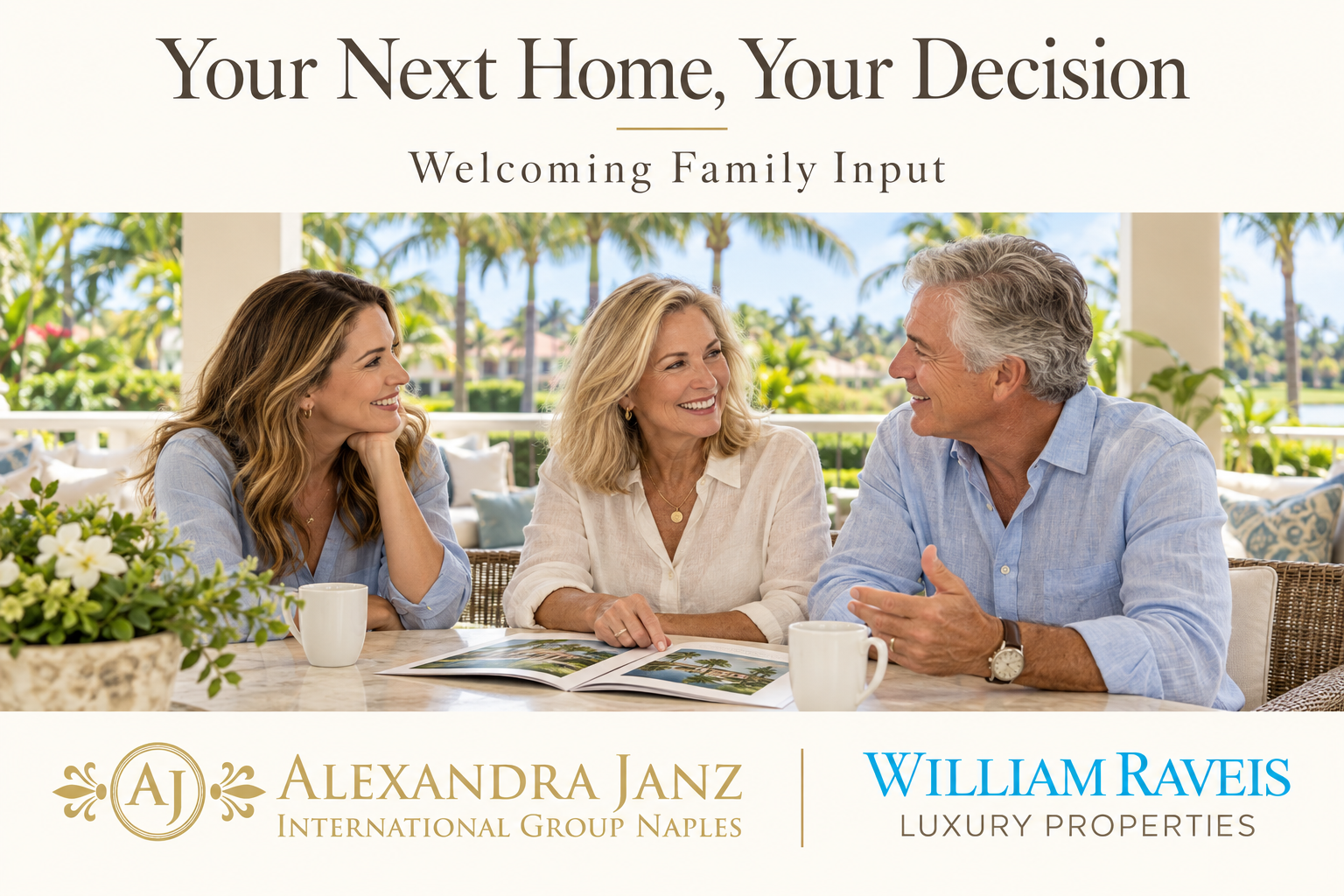 Couple discussing Naples real estate decisions with their adult daughter on a tropical lanai.